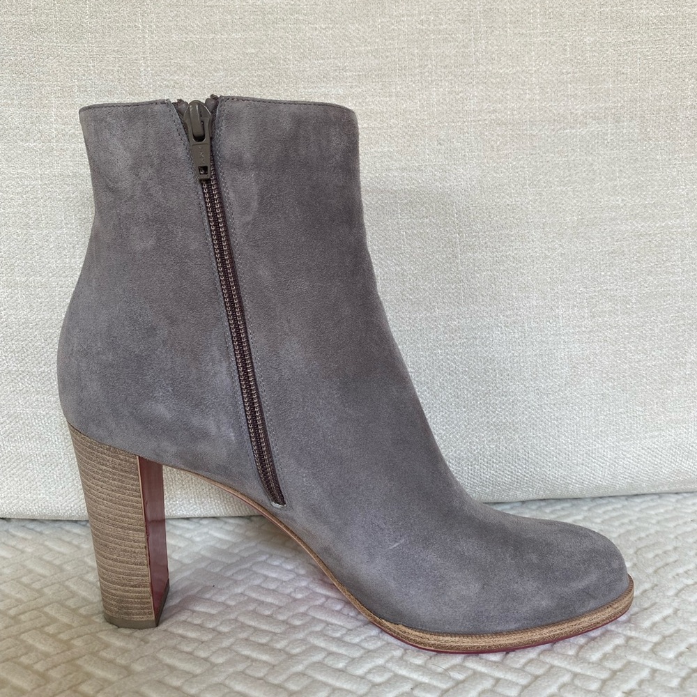 Like New!   Grey Christian Louboutin calf suede ankle boot.